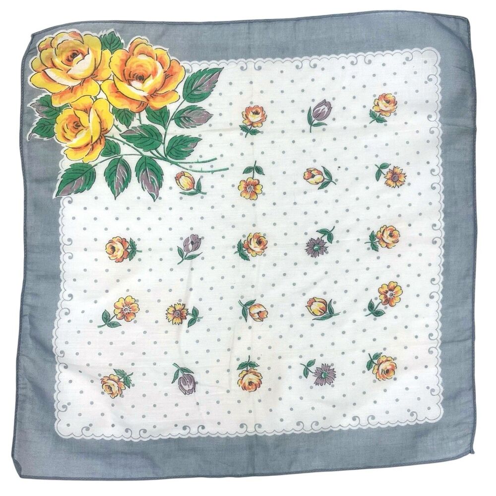 Vintage‎ Women's Handkerchief Yellow Roses Blue Border Floral Hankie